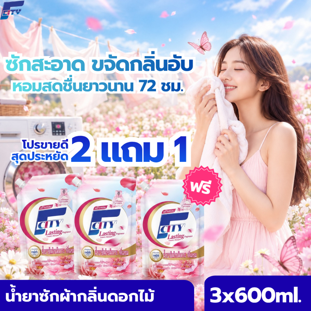【ซื้อ2แถม1】【1.8L】น้ำยาซักผ้า F-City กลิ่นดอกไม้ หอมติดทนยาวนาน72ชั่วโมง ขจัดคราบสกปรกได้อย่างล้ำลึก