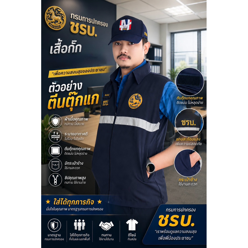 เสื้อกั๊ก คอปก ชรบ.พร้อมปัก สีกรมท่า(แถมหมวก)