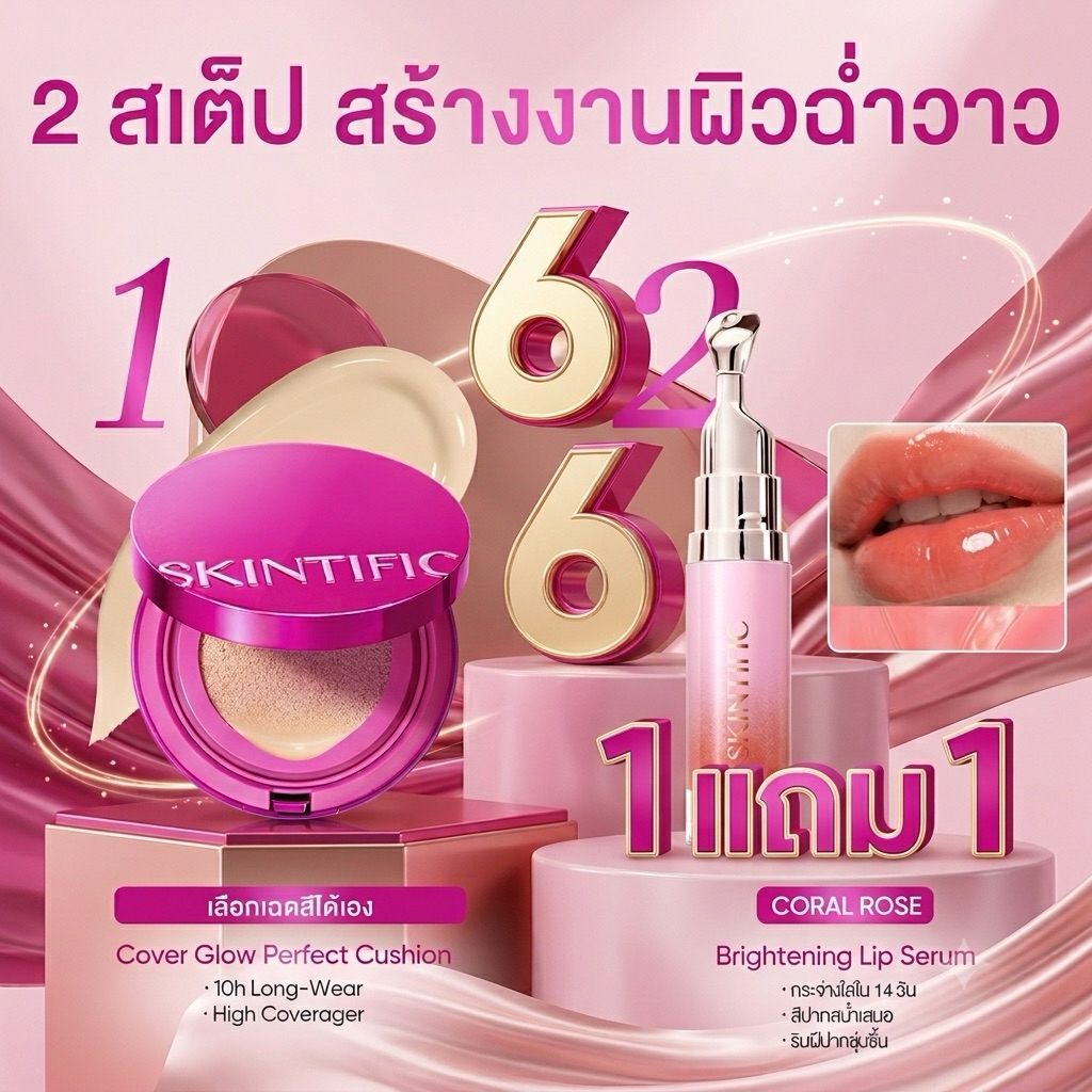 โปร 6.6 | 1 แถม 1] เซตคู่ผิวฉ่ำปากเงา Skintific Cushion เบอร์ w02+ Brightening Lip Serum เพียง 390.-