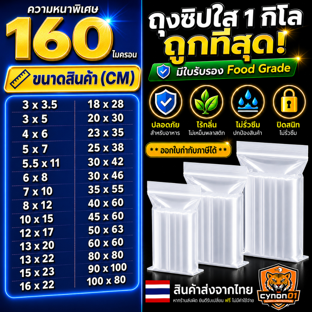 ถุงซิป (1กิโล) และ (0.5 กิโล) ซิปใส ถุงพลาสติก รุ่นหนา Food Grade ถุงซิปใส่ยา