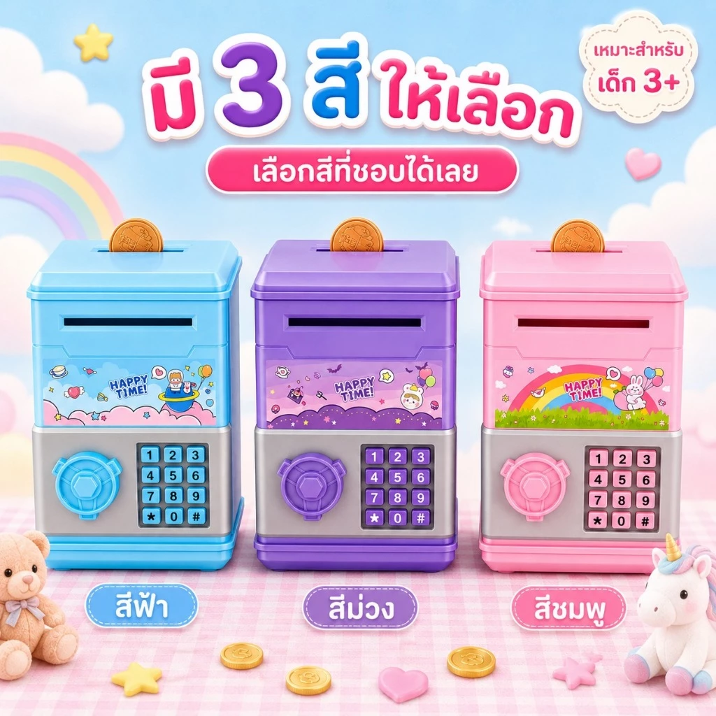 KiKi กระปุกออมสิน ATM 3 สี ใส่เหรียญธนบัตรได้ ปุ่มกดจำลอง ของขวัญเด็ก