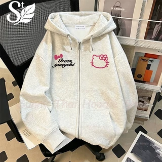 เสื้อฮู้ดมีซิปแขนยาวลาย Hello Kitty คู่กับข้อความ สไตล์เกาหลี น่ารักหวานๆ ทรงหลวม Unisex ผ้าฝ้ายคุณภาพสูง
