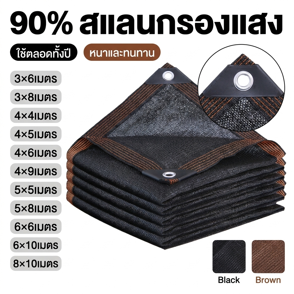 ตาข่ายกันแดด สีดำ และ สีน้ำตาล ผ้าตาข่ายกรองแสงความหนาแน่นสูง พร้อมขอบเสริมแรง ใช้งานสำหรับสวน โรงเรือน ที่จอดรถ และระเบ