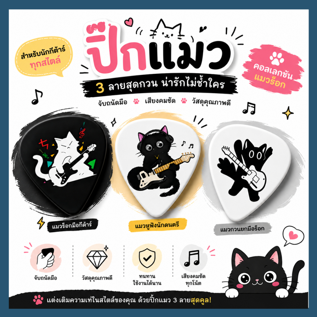 ปิ๊กกีต้าร์ ลายแมวเท่ๆ แพค 6 ชิ้น  | Guitar Pick Cat Rock Design | ปิ๊กสีดำ ลายแมว เล่นกีต้าร์เท่ๆ สไตล์ร็อค