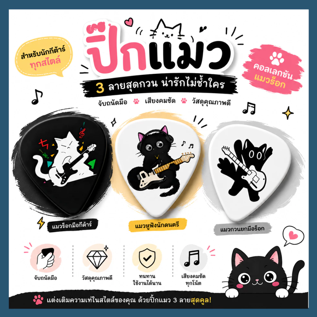 ปิ๊กกีต้าร์ ลายแมวเท่ๆ แพค 6 ชิ้น | Guitar Pick Cat Rock Design | ปิ๊กสีดำ ลายแมว เล่นกีต้าร์เท่ๆ สไตล์ร็อค