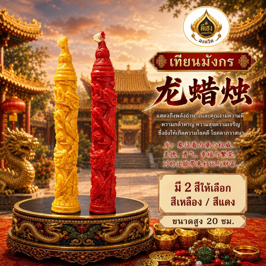 ตรุษจีน เทียนมังกร เทียนลายมังกร มังกรจีน ลวยลายเอกลักษณ์ สูง 20 ซม.