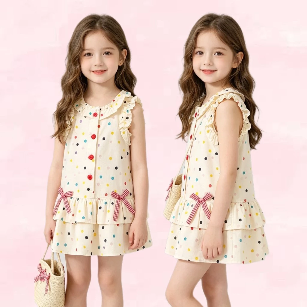 BB337 ชุดเดรสเด็กผู้หญิงลายจุดสีพาสเทล แต่งระบายสุดน่ารัก