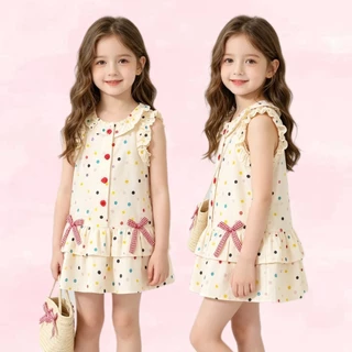 BB337 ชุดเดรสเด็กผู้หญิงลายจุดสีพาสเทล แต่งระบายสุดน่ารัก