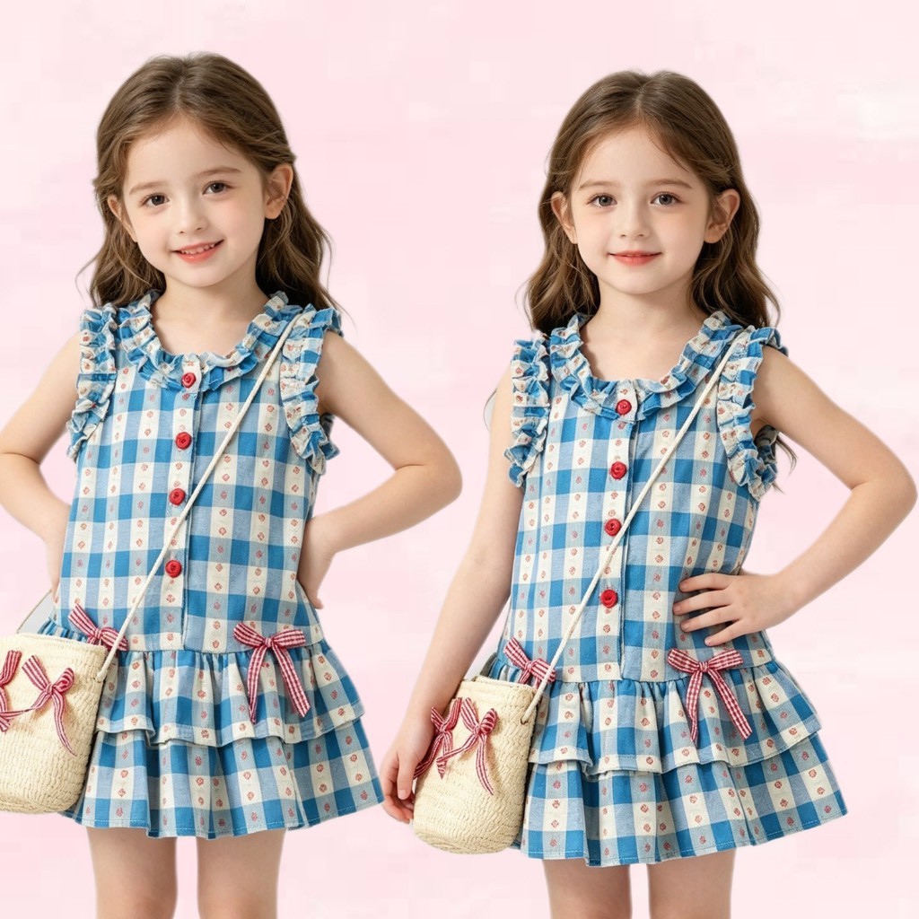 BB338  เดรสเด็กผู้หญิงลายสก็อตสีฟ้า แต่งระบายสุดน่ารัก
