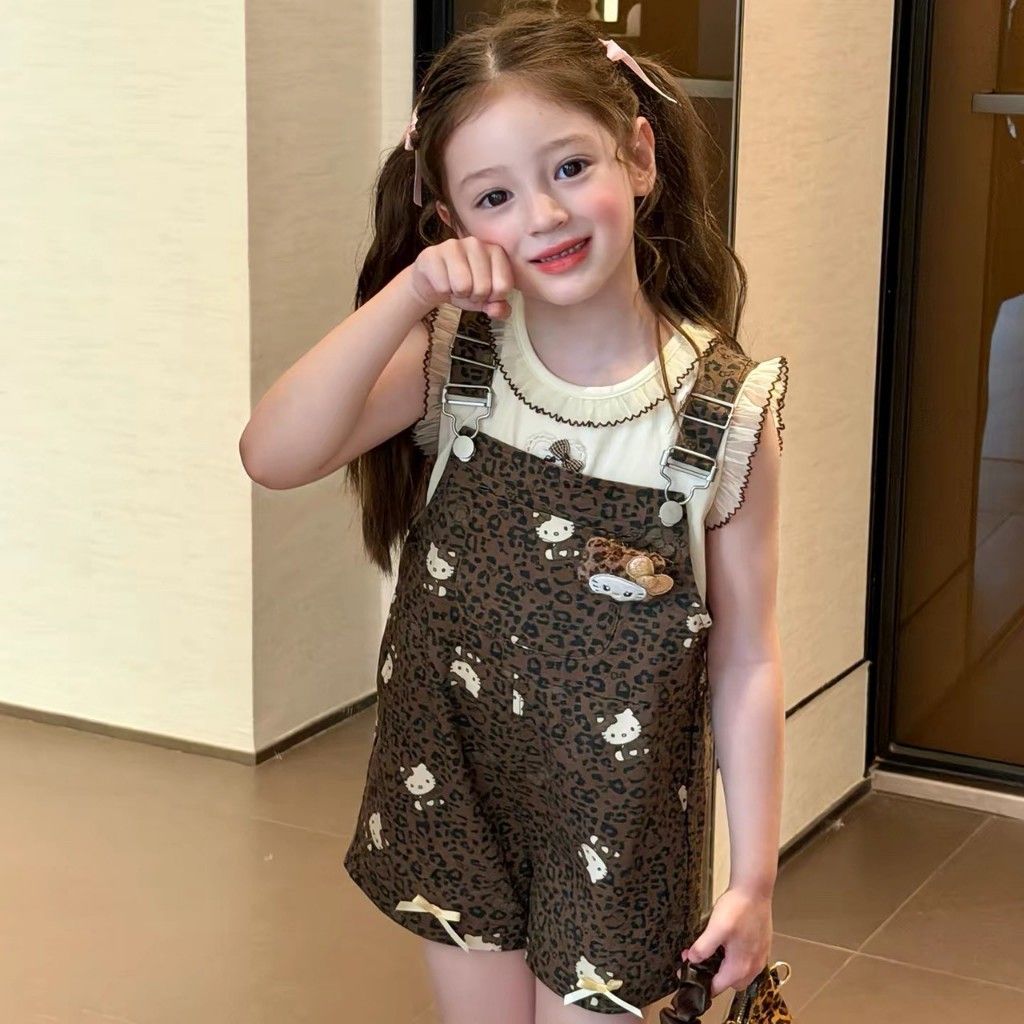 AY340 ชุดเซ็ตเด็กผู้หญิงสีครีม-น้ำตาล เสื้อกล้ามลูกไม้ + ชุดเอี๊ยมขาสั้น