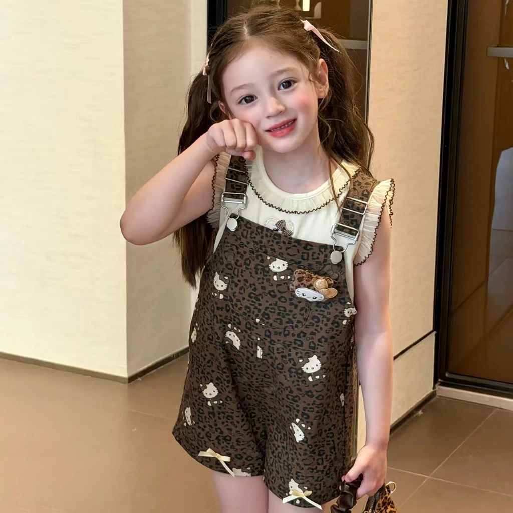 AY340 ชุดเซ็ตเด็กผู้หญิงสีครีม-น้ำตาล เสื้อกล้ามลูกไม้ + ชุดเอี๊ยมขาสั้น