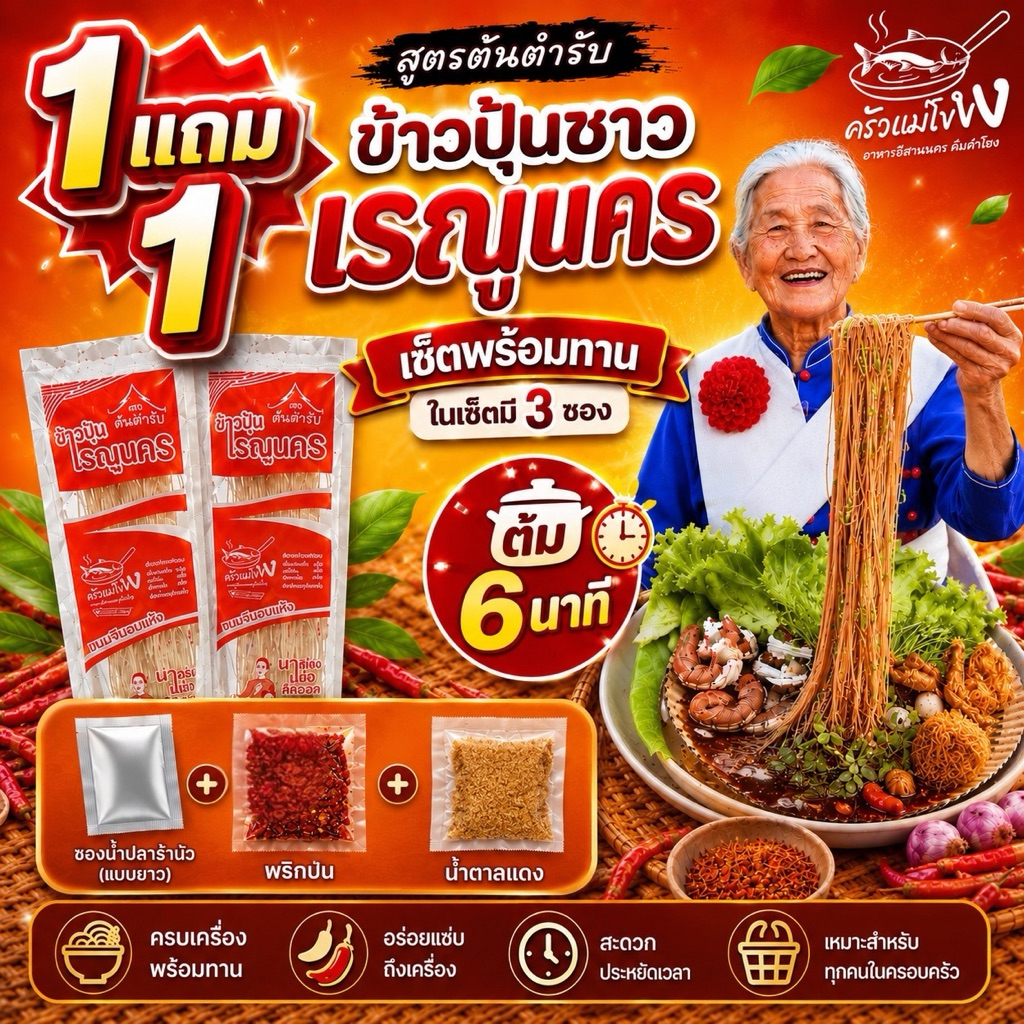 ข้าวปุ้นซาว 1 แถม 1 พร้อมทานครบเครื่อง ขนมจีนต้นตำรับเรณูนคร พร้อมความอร่อยกับชุดน้ำปลาร้า พริก น้ำตาล ต้ม 6 นาที