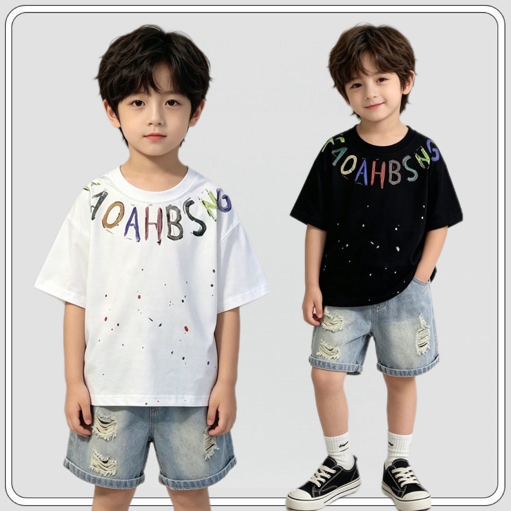 MC331 เซ็ตชุดเด็ก 2 ชิ้น เสื้อพิมพ์ตัวอักษรสีรุ้ง + กางเกงยีนส์ขาสั้น