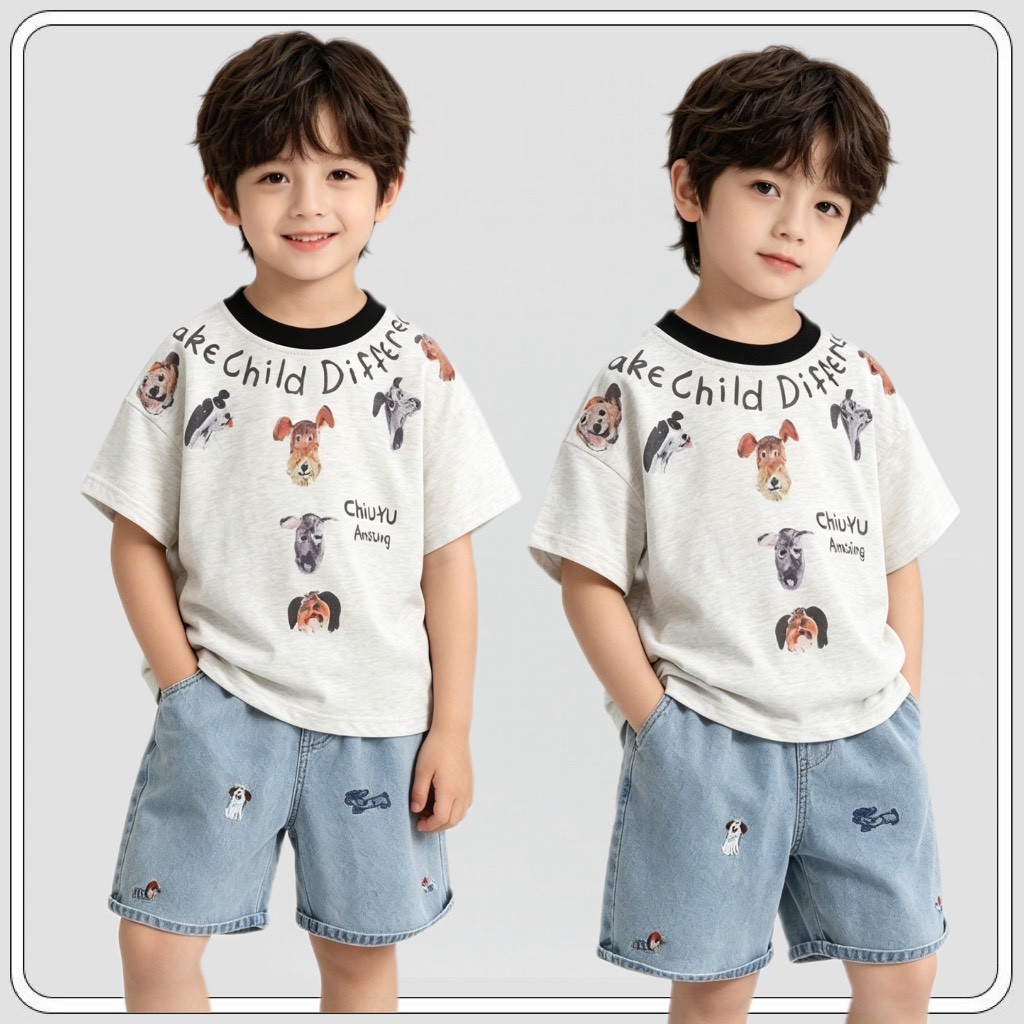 MC333 เซ็ตเสื้อยืดเด็ก + กางเกงยีนส์ขาสั้น ใส่ไปเที่ยว/ไปโรงเรียน