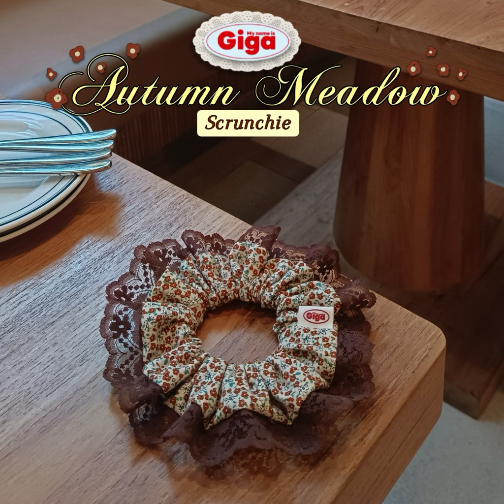 Giga scrunchie collection “Autumn meadow” ยางรัดผม โทนน้ำตาล ลายดอกทุ่งหญ้า