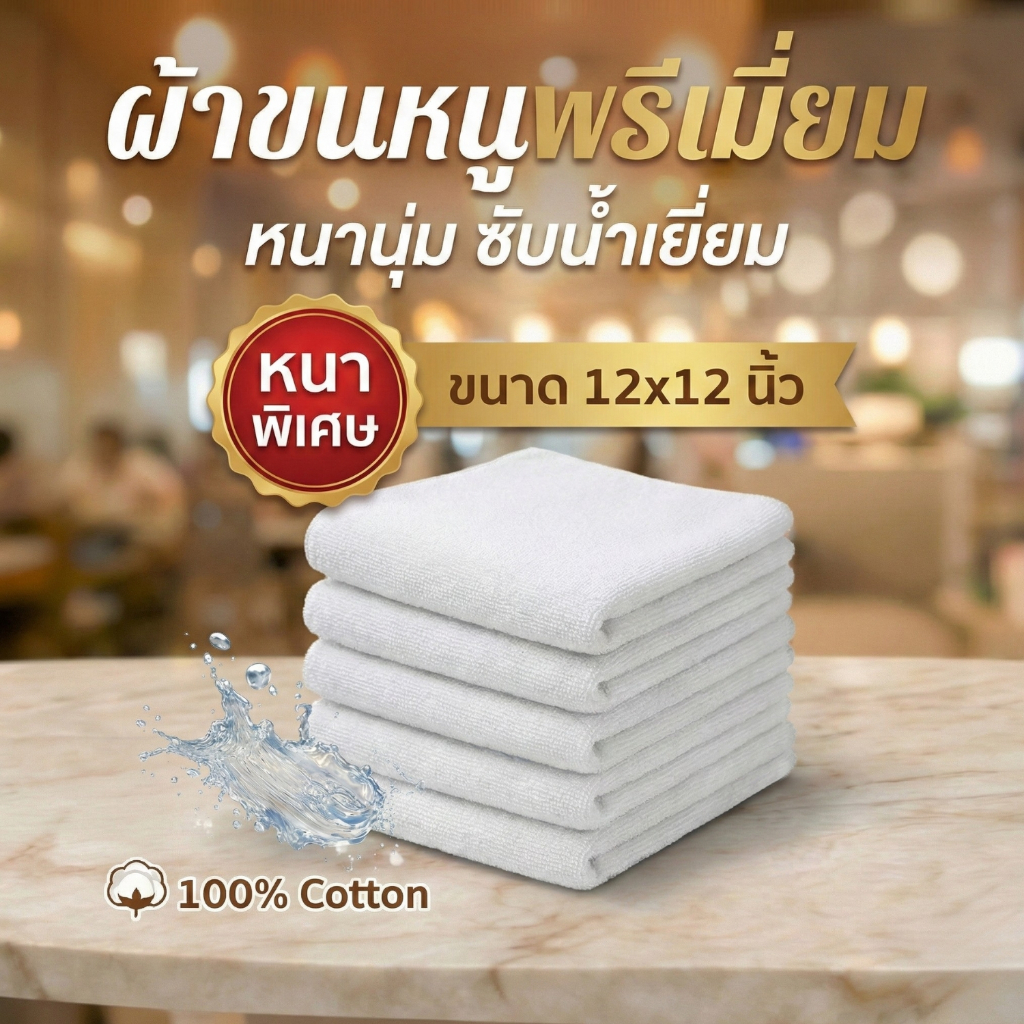 ผ้าขนหนูเช็ดหน้า (12"x12") เกรดโรงแรม 5 ดาว Cotton 100% ทอด้ายคู่ หนาพิเศษ นุ่มฟู ซับน้ำดีเยี่ยม