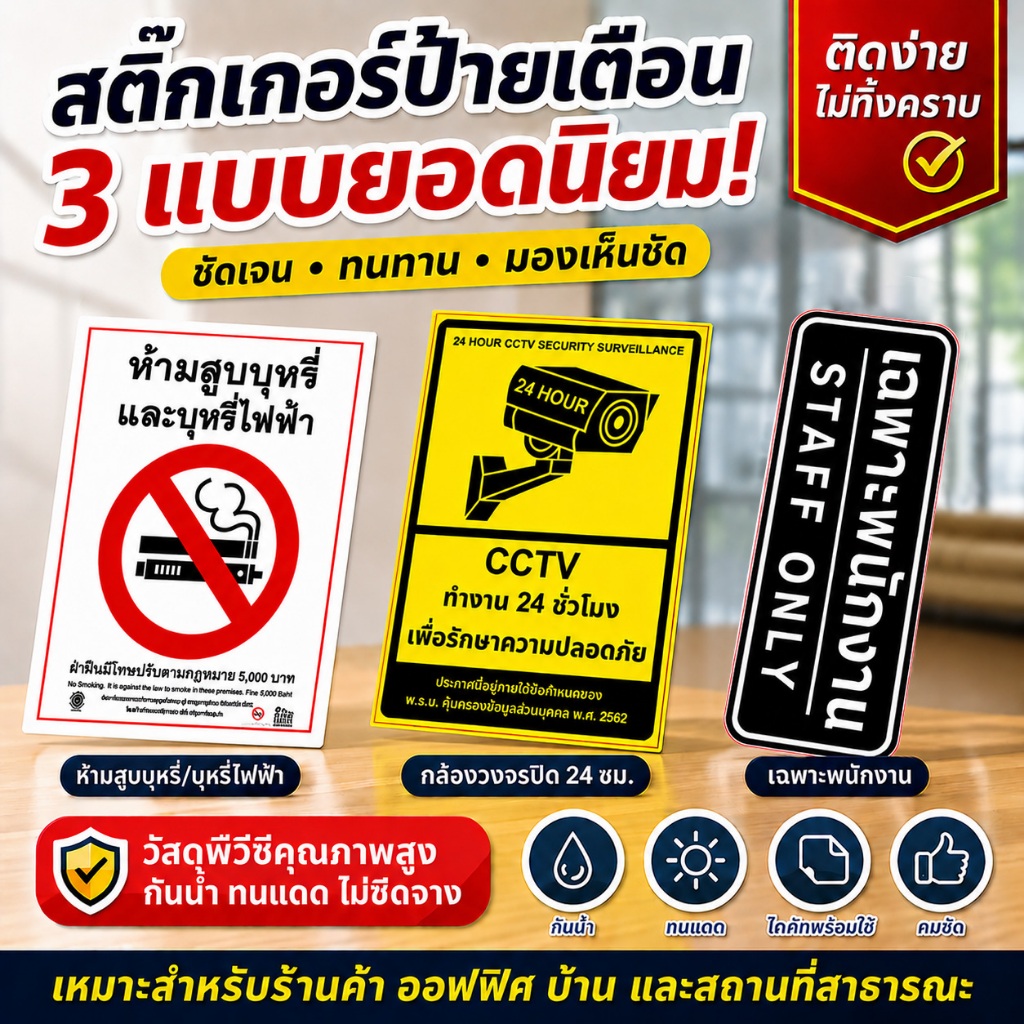ป้ายเตือน PVC กันน้ำ  No smoking ป้าย CCTV กล้องวงจรปิด ป้าย STAFF ONLY