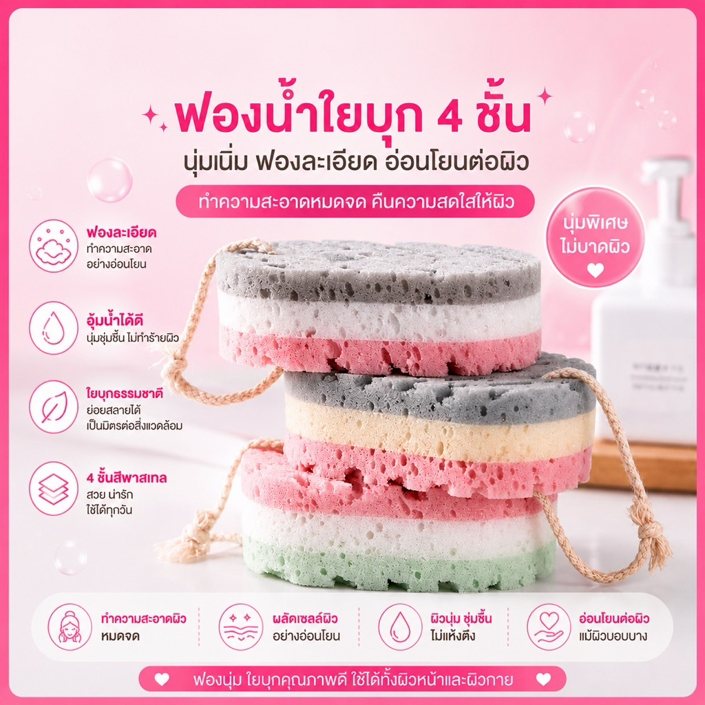[คละสี] ฟองน้ำขัดผิว พร้อมเชือก ฟองน้ำ 3 ชั้น ทำความสะอาดผิวกาย เนื้อนุ่ม ไม่บาดผิว 1 ชิ้น