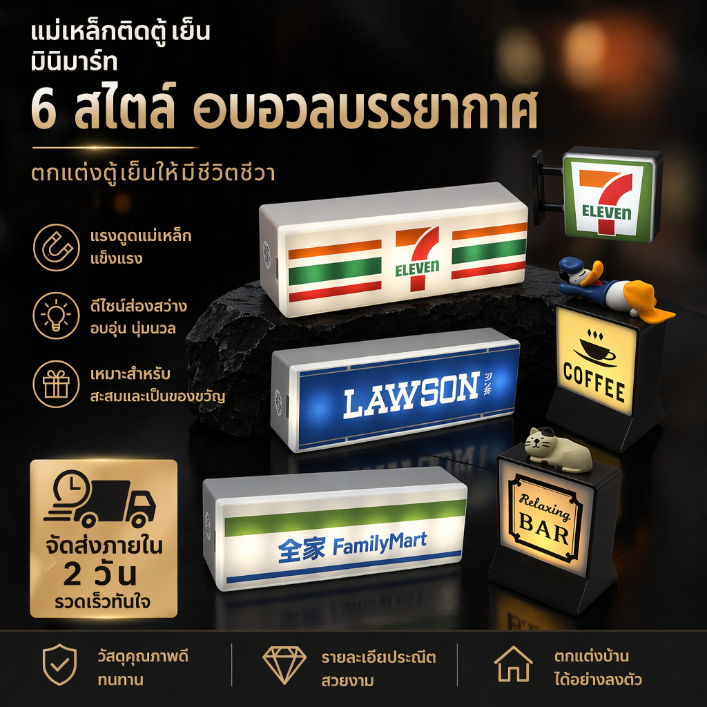 แม่เหล็กติดตู้เย็น LED 7-11 FamilyMart Lawson มีไฟ ปรับได้ 3 สีแสง ชาร์จ USB ของสะสมสุดน่ารัก ตกแต่งบ้าน