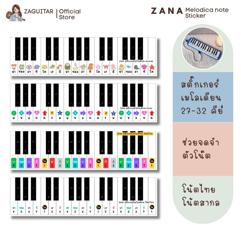 สติ๊กเกอร์เมโลเดียน ZANA Melodian Melodica Sticker ขนาด 27 / 32 คีย์