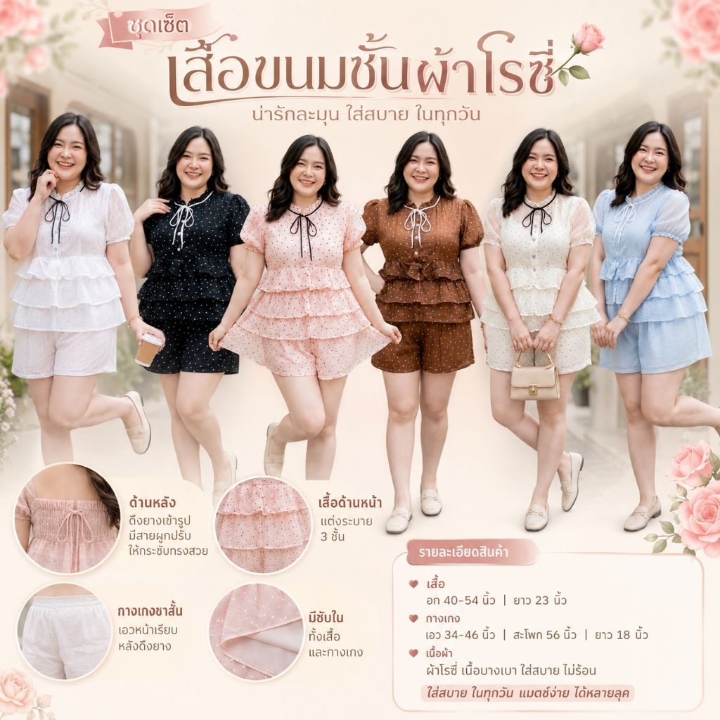 ชุดเซ็ตสาวอวบผ้าโรซี่ เสื้อขนมชั้น+กางเกงขาสั้น