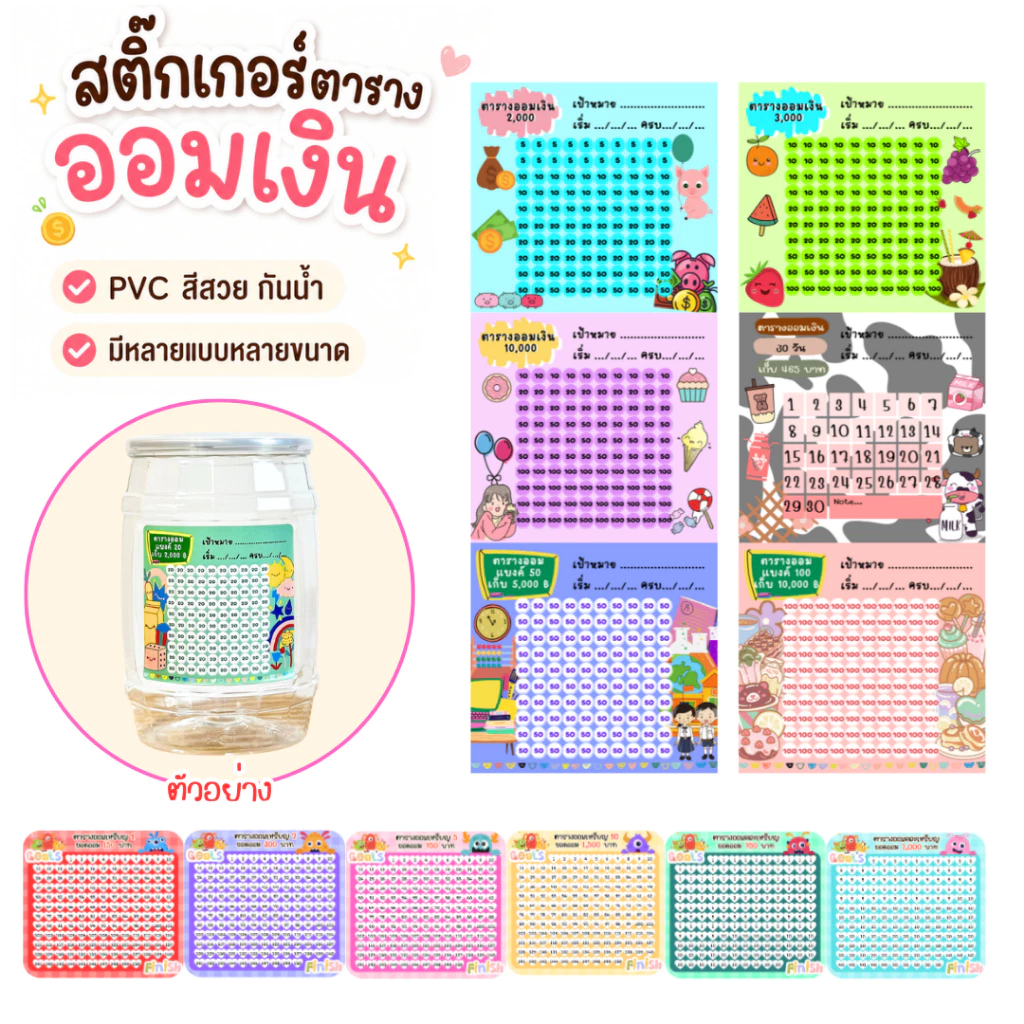 สติ๊กเกอร์ออมเงิน ตารางออมเงิน PVC กันน้ำ เขียนง่าย ติดกระปุกออมสิน สมุดบันทึก