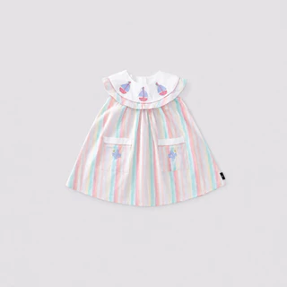 Hania kids พร้อมส่ง ชุดเดรสกระโปรงลายทางสีพาทเทล ลายปัก เนื้อผ้าฝ้าย ชุดเด็กผู้หญิง K4124898