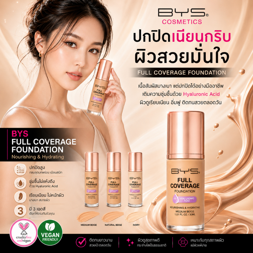 BYS Cosmetics Full Coverage Foundation 30 ml. (3 โทนสี) รองพื้นปกปิดได้อย่างดีเยี่ยม