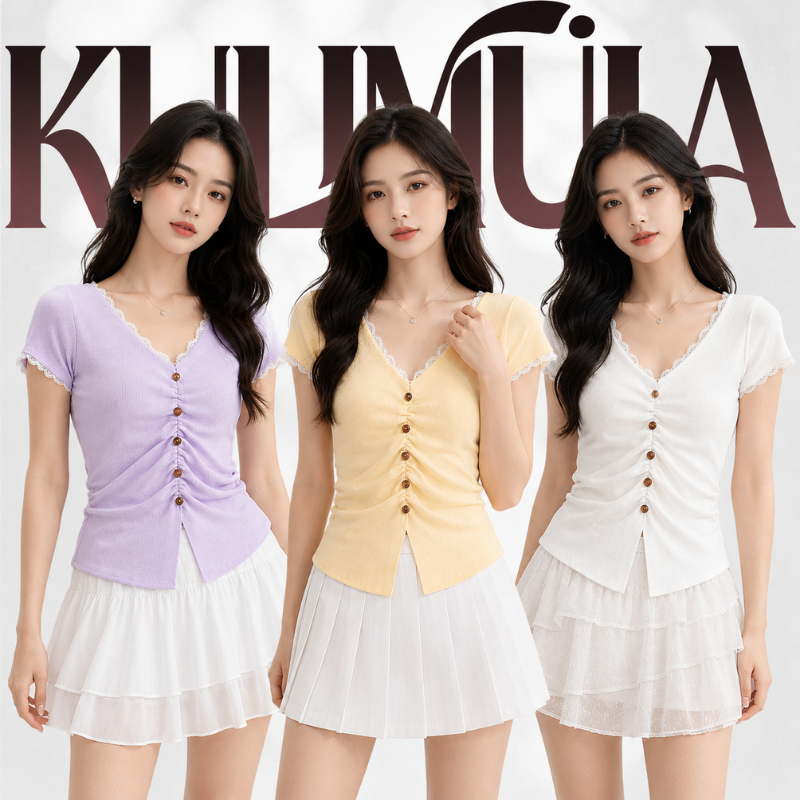 KULIMULA เสื้อยืดแขนสั้น ดีเทลลูกไม้และปุ่ม ทรงรัดรูปหวานละมุน สไตล์คาวาอิเหมาะใส่ประจำวัน YD62