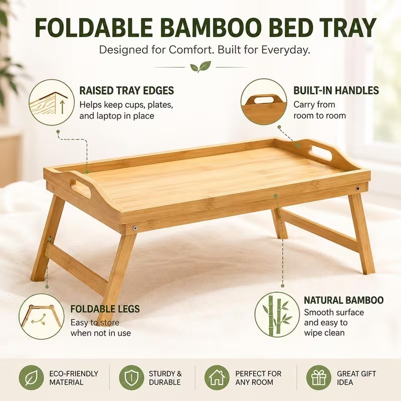 Roseeyo Bamboo Bed Tray Table with Folding Legs Multipurpose Tray for Bed, Sofa โต๊ะถาดเตียงไม้ไผ่มี