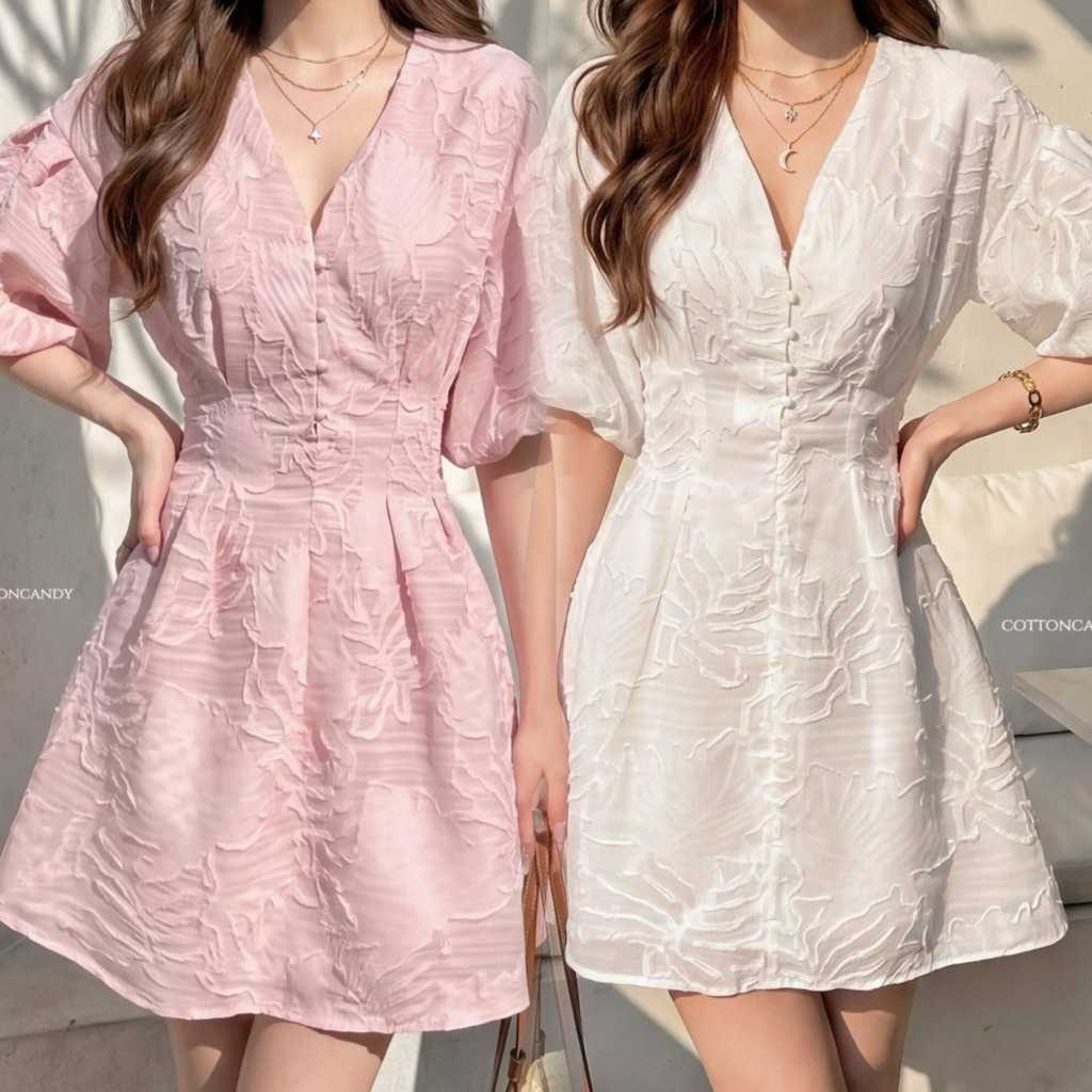 #Cotton Candy 🍭 เดรสแขนพองบอลลูน ผ้าลายในตัว New Mile"korea dress