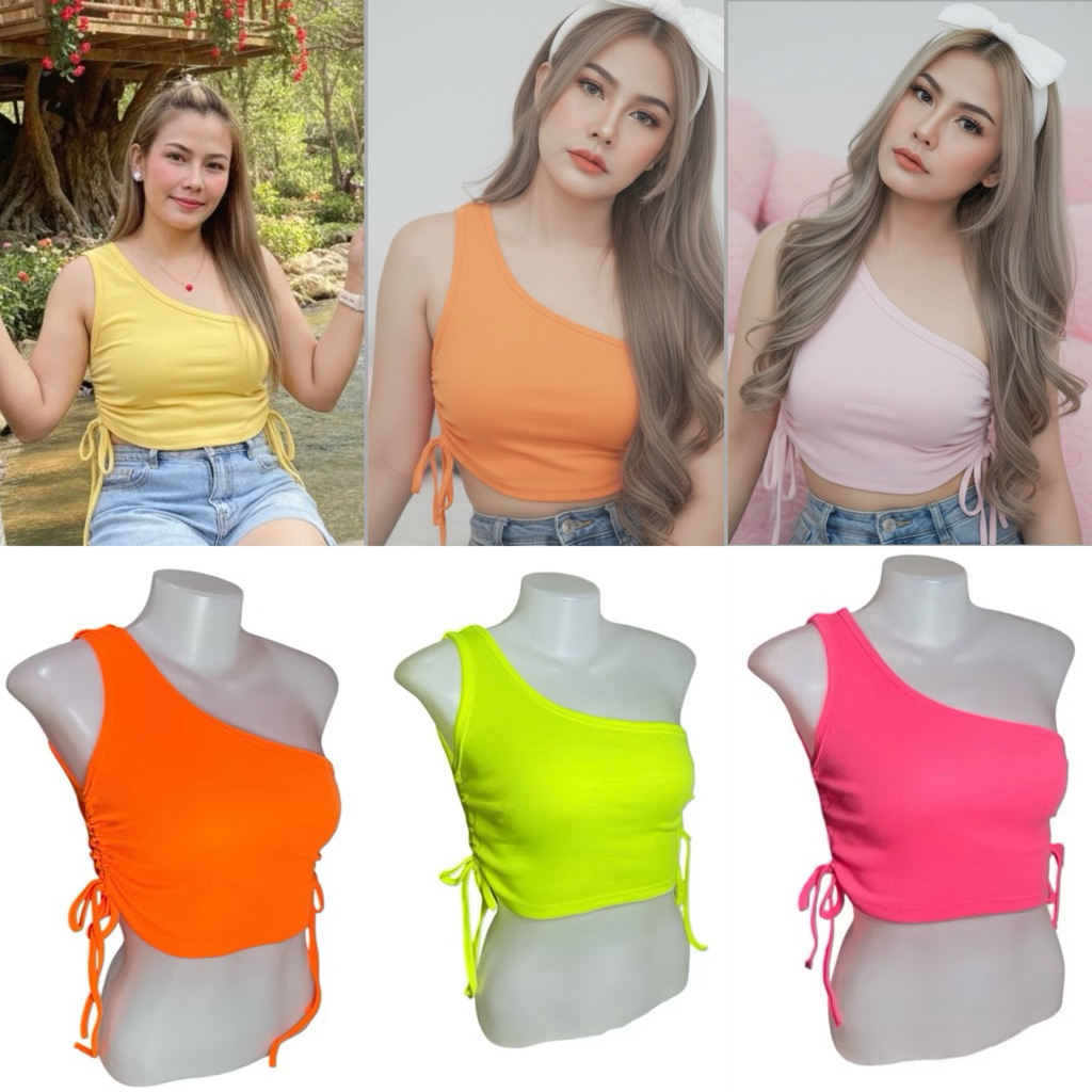 Sns38🧡เสื้อครอปไหล่เบียง🧡รูดข้าง ผ้าร่องRib