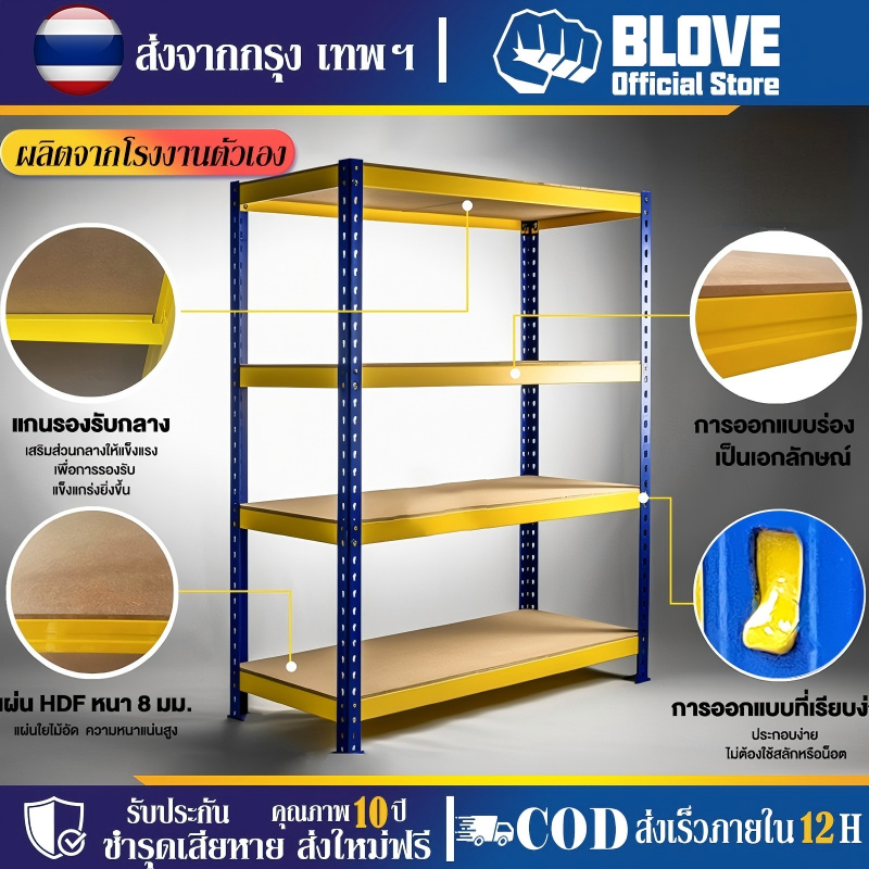 BLOVE ชั้นวางของ เหล็ก+ไม้ 6/5/4/3ชั้น กันน้ำและกันสนิม แข็งแรง ทนทาน ประกอบง่าย การจัดเก็บคลังสินค้า รองรับ300กก.