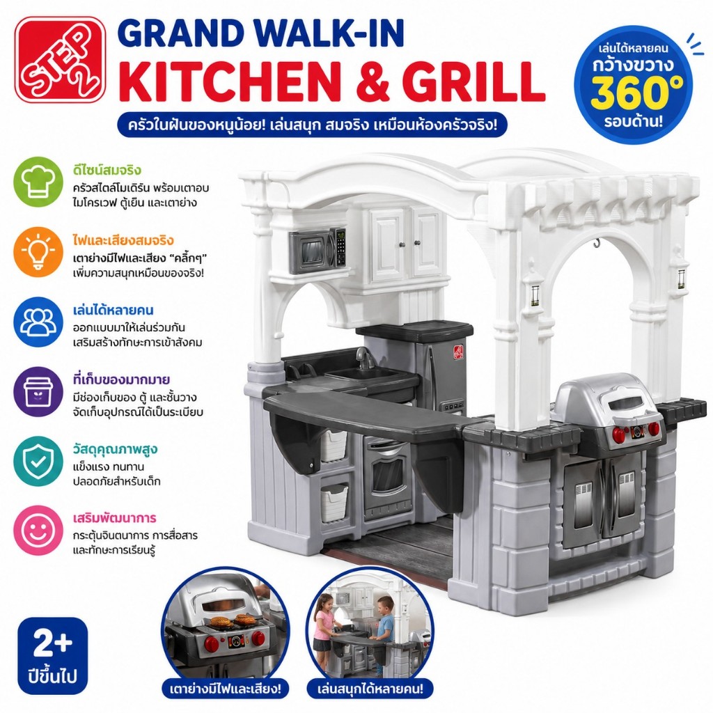 Step2 Grand Walk-In Kitchen & Grill ของเล่นชุดครัวจำลอง ขนาดใหญ่ ดีไซน์สมจริง มีโซนย่างและเคาน์เตอร์