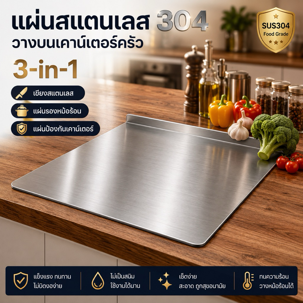 New OAS Stainless Steel Counter Top แผ่นสแตนเลส 304 วางบนเคาน์เตอร์ครัว | เขียงสแตนเลส Food Grade กันรอย กันความร้อน