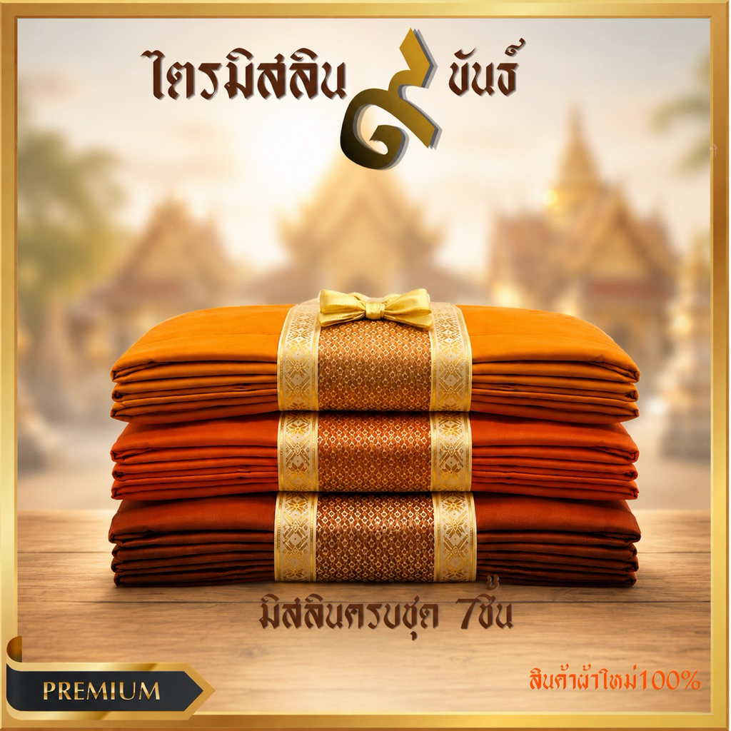 ผ้าไตรครองมัสลิน9ขันธ์สังฆาฏิ2ชั้นเย็บตะเข็บคู่ครบชุด7ชิ้นใช้สำหรับทำบุญถวายทอดกฐิน งานบวช งานบุญตกแต่งด้วยตาข่ายติดโบว์