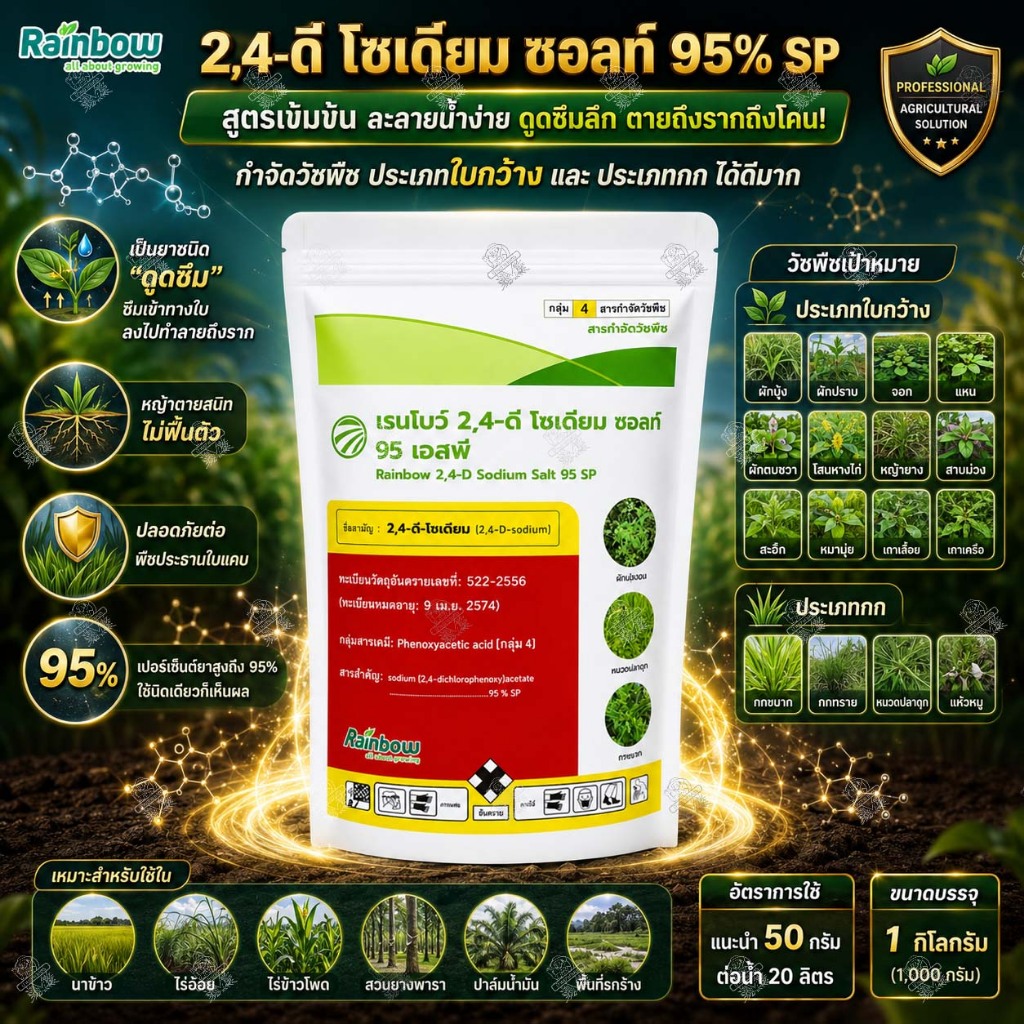 2,4-ดี โซเดียม ซอลท์ 95% 1 กิโลกรัม ทูโฟร์ดีผง กำจัดหญ้าใบกว้าง กก เถา เครือ หมาแดงผง 2,4ดี-โซเดียม