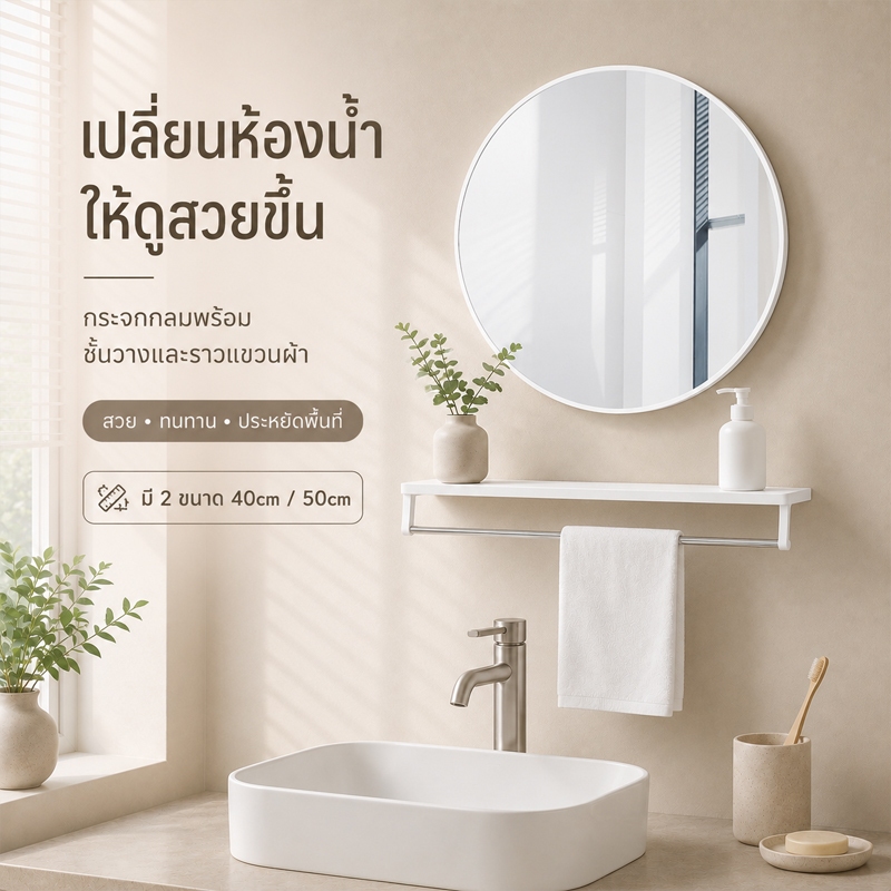 กระจกห้องน้ำทรงกลม กรอบอะลูมิเนียม ติดผนัง มินิมอล มีชั้นวาง/ราวแขวนผ้า 40cm 50cm