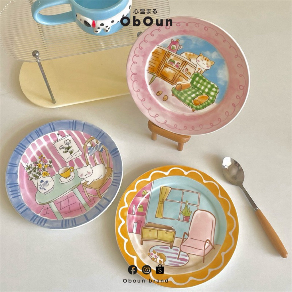 พร้อมส่ง - จานลายน้องแมวเหมียวขนาด 8 นิ้ว