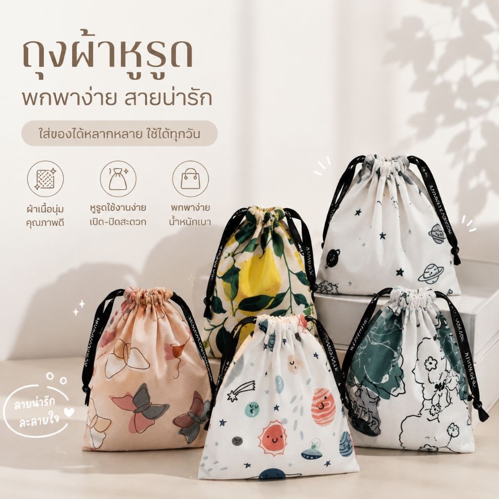 ถุงผ้าหูรูดลายน่ารัก Premium | กระเป๋าผ้าใส่ของ พกพา ใส่เครื่องสำอาง ของขวัญ ของแถม