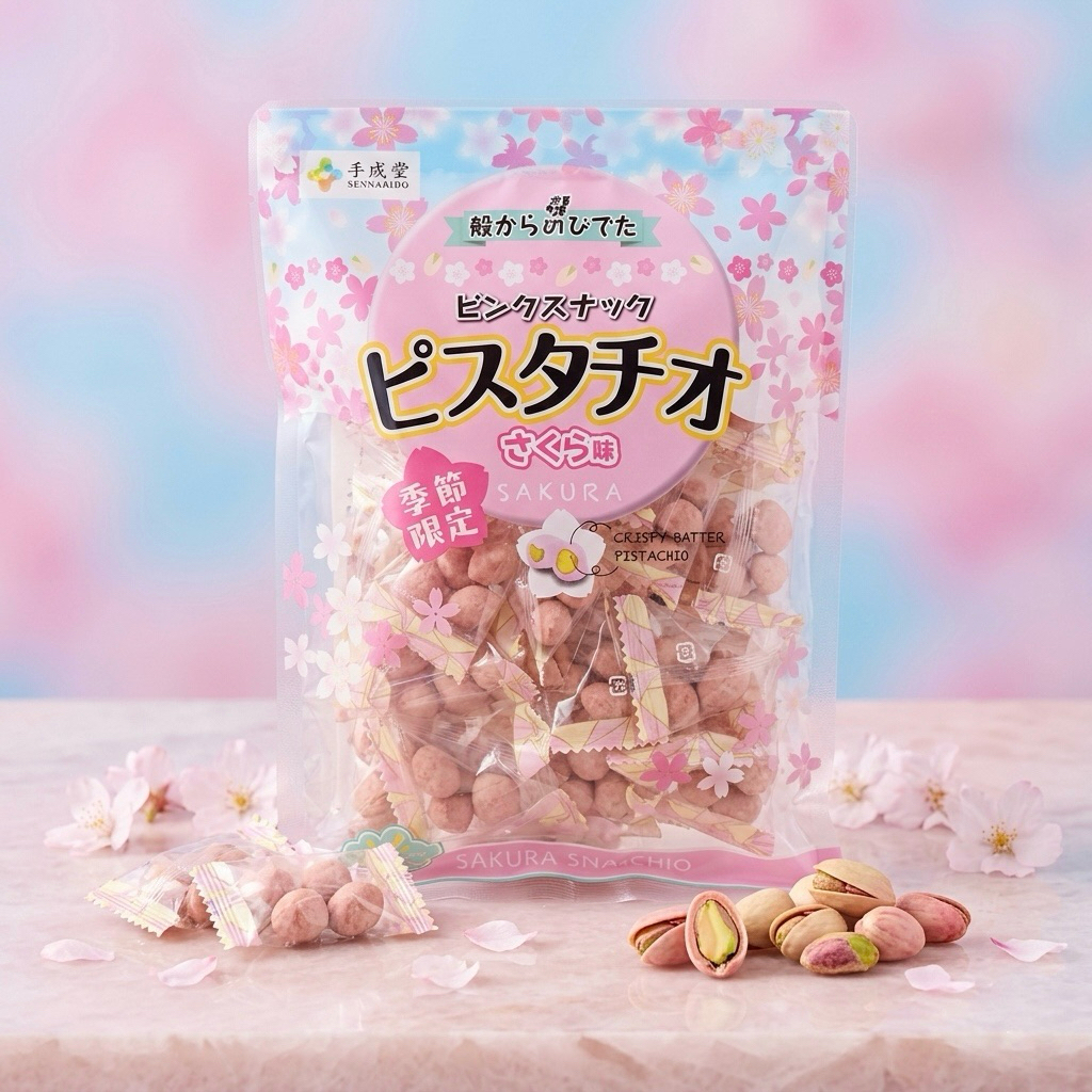พร้อม​ส่ง​ ถั่วพิสตาชิโอเคลือบกรอบรสซากุระห่อใหญ่  180กรัม​ ของแท้จากญี่ปุ่น