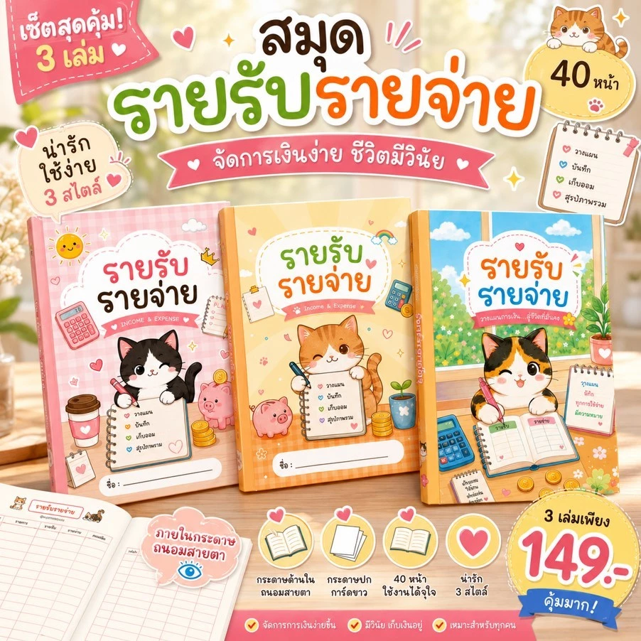 เซทของขวัญ สมุดรายรับรายจ่าย ลายน้องแมว น้องหมา 3 เล่ม ขนาด A5