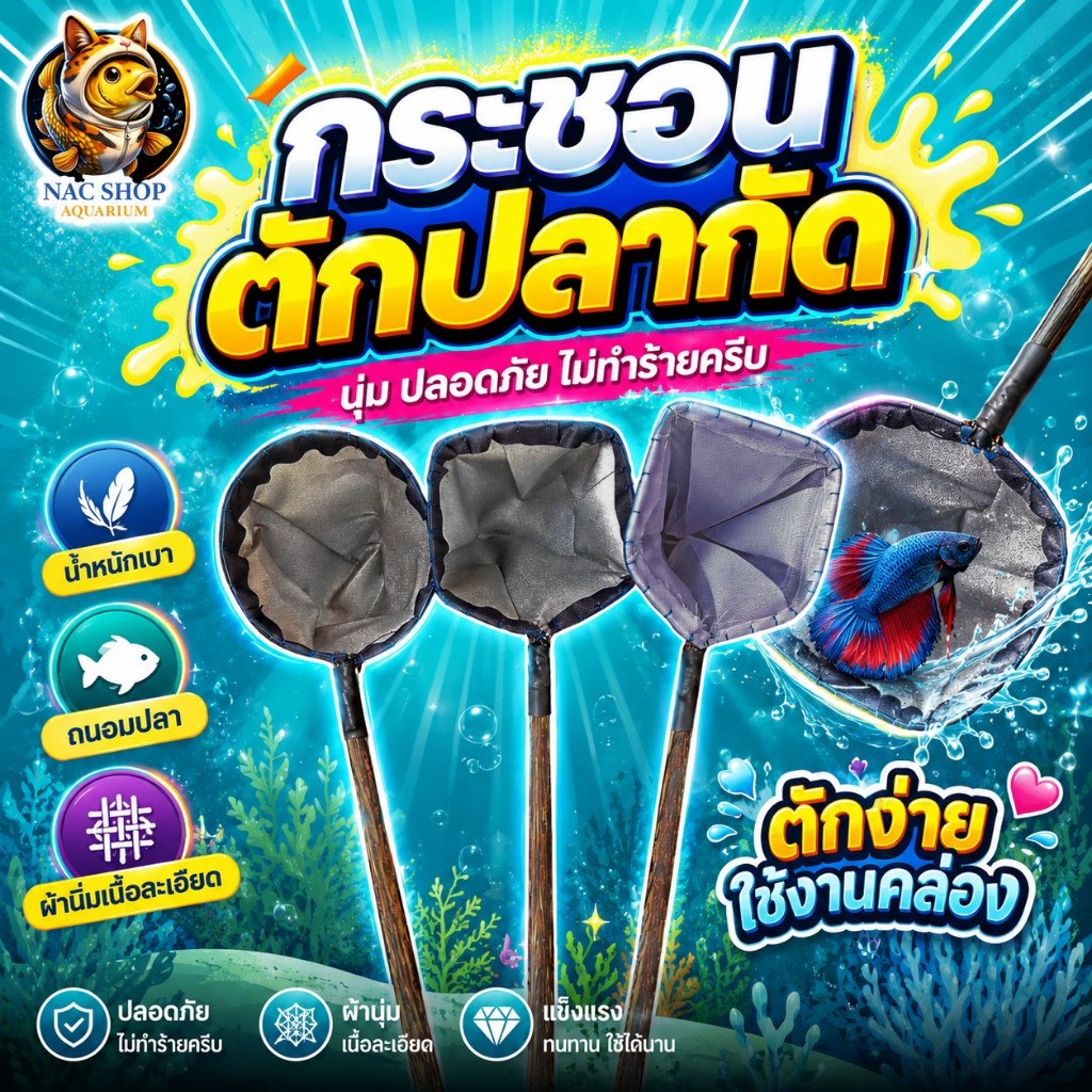 NAC.Shop กระชอนตักปลากัด ขนาด 6 ซม. แบบผ้าร่มอุ้มน้ำได้ ด้ามไม้ตาลจับถนัดมือ เหลี่ยม สวิงตักปลากัด