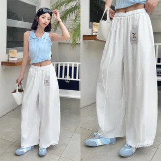 Reallyshops #9532(K) กางเกงจินนี่ขายาว แต่งลูกไม้ปลายขา เอวยางยืด ผู้หญิง พร้อมส่ง