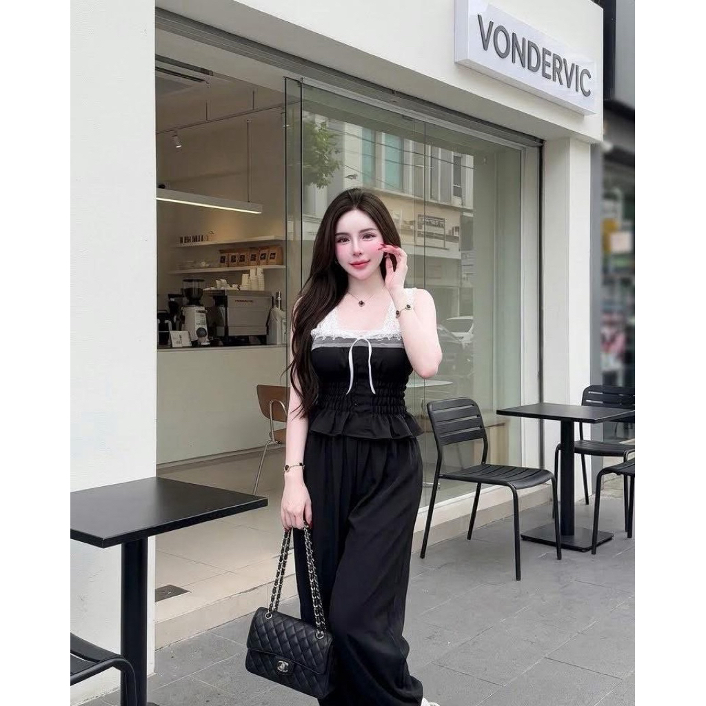 👗พร้อมส่ง👗ชุดเซ็ท2ชิ้นเจนนี่ เสื้อแต่งแขนลูกไม้ กางเกงขาจั้มยาว งานฮิตต้องมี