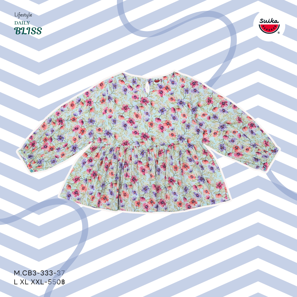 เสื้อแตงโม (SUIKA) - เสื้อคอปาดแขนทรงพองต่อใต้อกรูดจีบหน้า-หลัง แขนสามส่วน (M.CBF3-153 333) — صورة 8