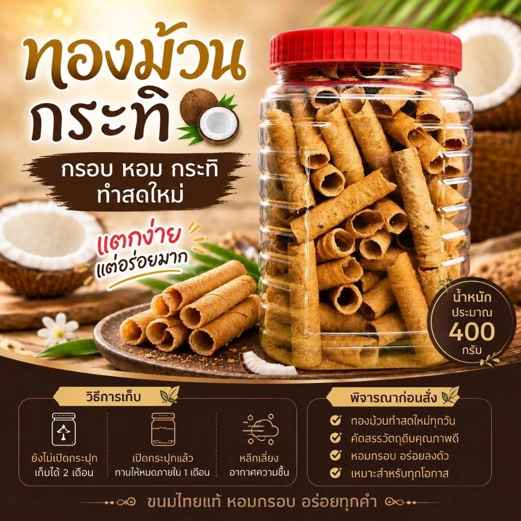 (แตกง่าย)ขนมทองม้วน กระปุกกลางน้ำหนัก 385-400กรัม