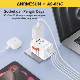 ANRMESUN อะแดปเตอร์สำหรับเดินทาง, อะแดปเตอร์แปลงไฟ, ปลั๊กอเนกประสงค์, ปลั๊กแบบรวมทุกอุปกรณ์ พร้อมพอร์ต Type-C 2 พอร์ต แล