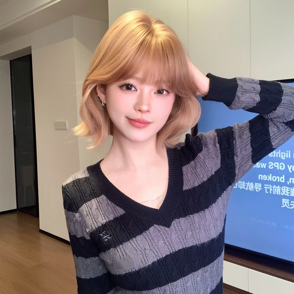 GDS Wigs วิกผมสั้นสีชานมสไตล์เกาหลี มีหน้าม้า (ยาว 32 cm) แถมเน็ตผม