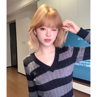 GDS Wigs วิกผมสั้นสีชานมสไตล์เกาหลี มีหน้าม้า (ยาว 32 cm) แถมเน็ตผม